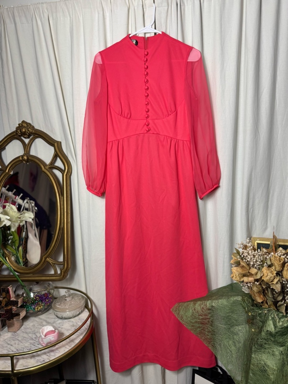 60s Salmon Pink Sheer Long sleeve maxi dress